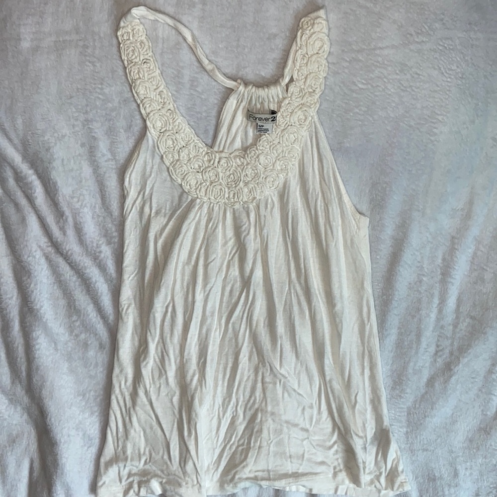 Rose embroidered Razorback cream tank